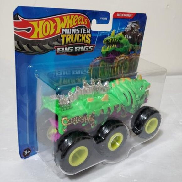 Hot Wheels Monster Trucks Skelesaurus Big Rigs Neon Green Dinosaur - Picture 1 of 9